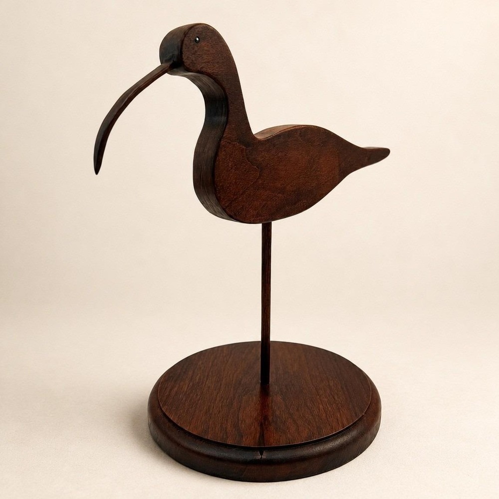 Vintage Signed Hand Carved Wood Curlew Shorebird Decoy Sculpture Long Billed 9"
